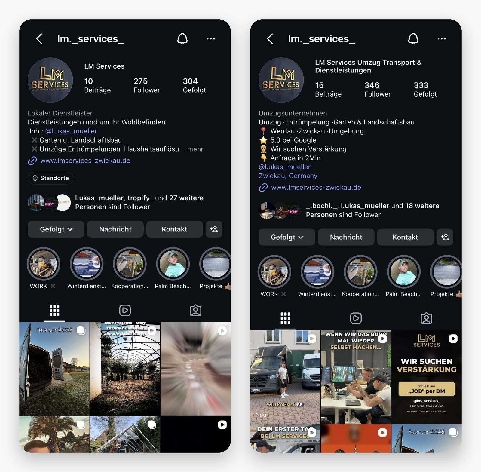 Instagram-Profil von LM Services vorher und nachher: klarer Name, Leistungen, Region, Google-Bewertung, Stellenaufruf und neue Reels
